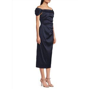 AIDAN MATTOX Navy Off-Shoulder Mikado Midi Formal Cocktail Dress SZ 10